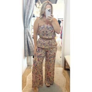 Evereve Strapless Smocked Wide Leg Paisley Print Jumpsuit Orange Red Medium